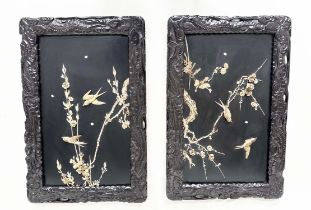 WALL PANELS, 71cm x 46cm, a pair, 19th century Japanese, each with carved bird and foliage