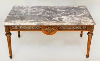 LOW TABLE, 1960s French rectangular variegated grey marble top and gilt metal mounted on pierced