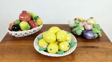 THREE FAIENCE BASKETS OF FRUIT. Includes two ceramic potteries of various fruits and lemons with a