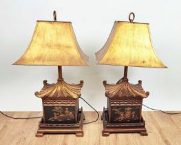 PAGODA TABLE LAMPS, a pair, Chinoiserie style painted with gilt tole style shades, 83cm H. (2)