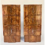 ART DECO BEDSIDE CHESTS, a pair, figured walnut each breakfront with three drawers, 35cm W x 48cm