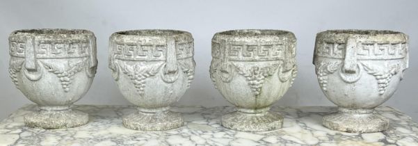 JARDINIERES, a set of four, Neo Classical design composite stone with Greek key, grape vine and ring