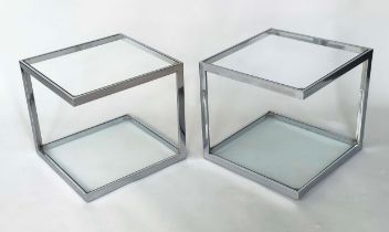 LAMP TABLES, a pair, contemporary square glazed and chrome 45cm x 45cm x 42cm H. (2)