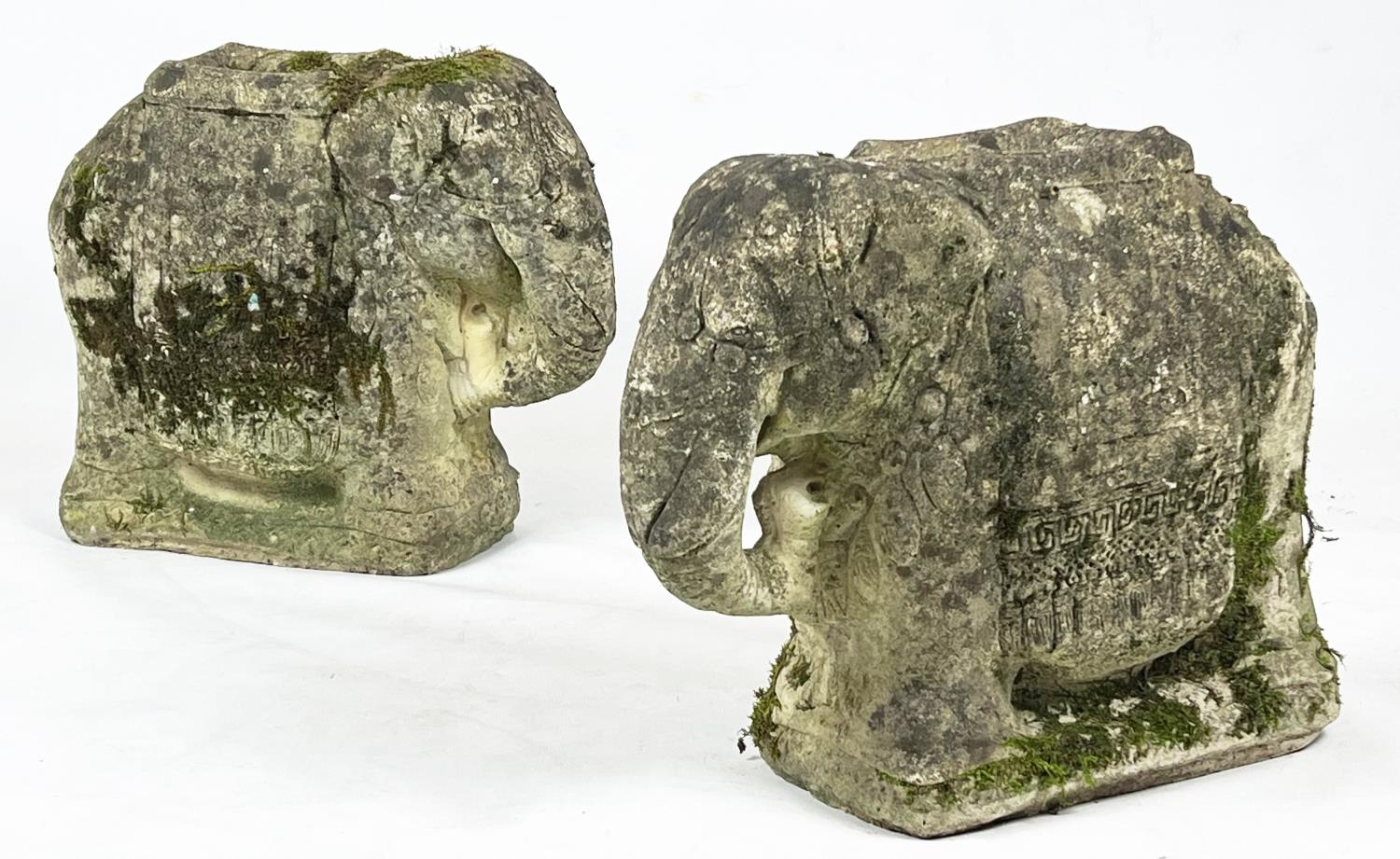 BURMESE ELEPHANT PILLAR STANDS, a pair, well leathered, 42cm H 50cn x 20cm. (2)