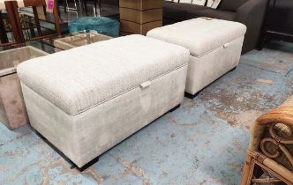 OTTOMANS, a pair, each with a hinged top lifting to reveal internal storage, 90cm x 51cm x 47cm