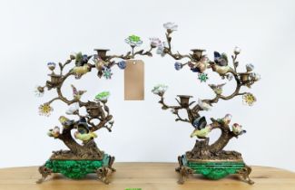 CANDELABRA, a pair, glazed and gilt metal with faux malachite bases, 52cm H x 34cm W. (2)