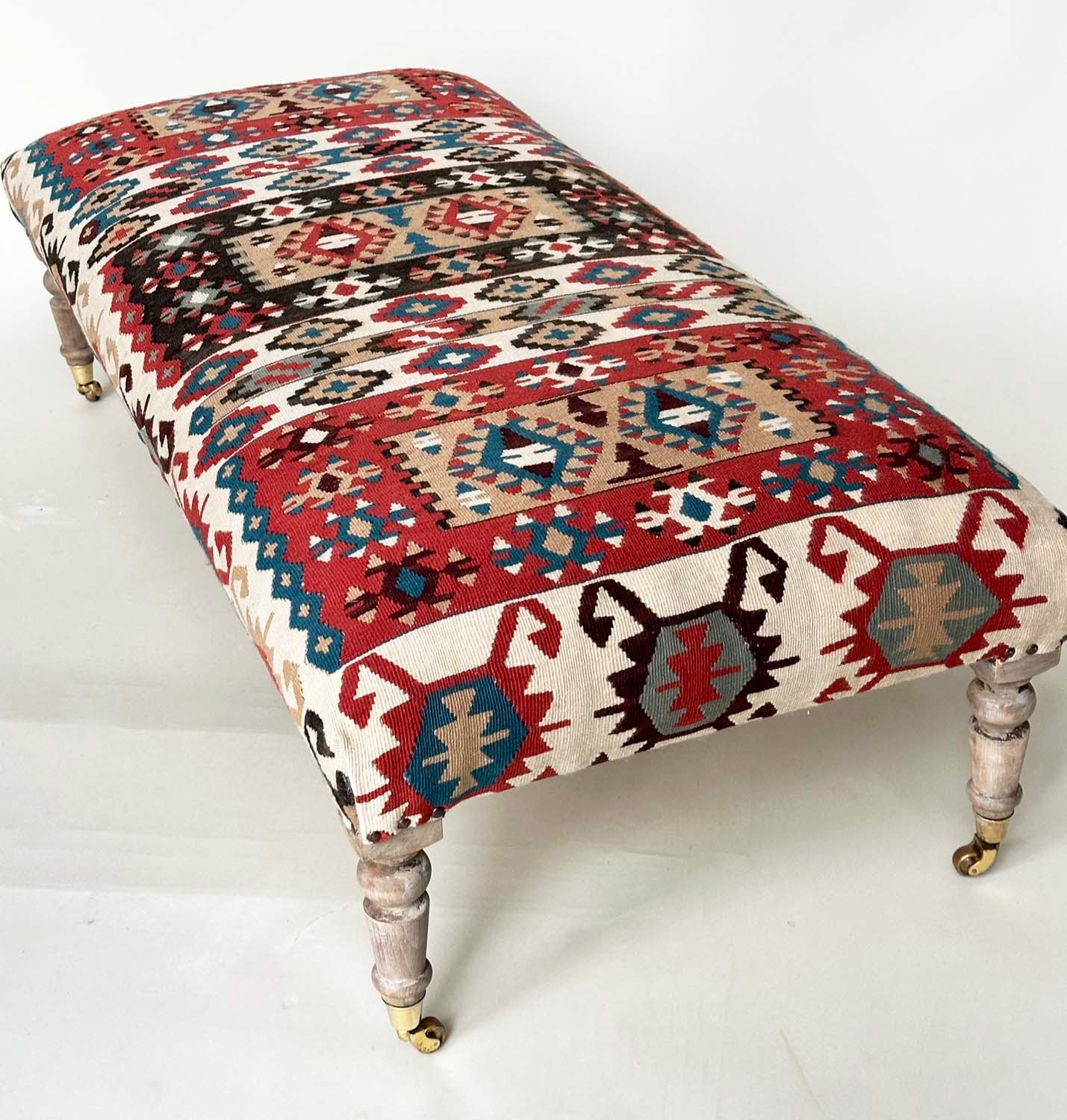 KELIM HEARTH STOOL, rectangular tribal upholstered with turned tapering limed oak supports, 43cm H x - Bild 2 aus 11