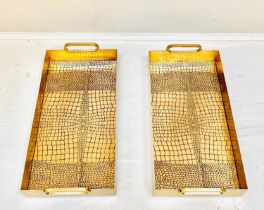COCKTAIL TRAYS, a pair, faux crocodile embossed design, gilt metal, 8cm x 49cm x 23cm. (2)