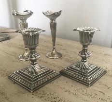 SILVER CANDLESTICKS, a pair, 19th century silver with removable sconces and stepped bases,