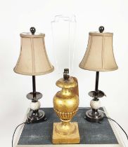 TABLE LAMPS, a pair, in a nickel finish, 58cm H, and a gilt table lamp, 40cm H. (3)