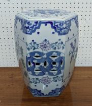 GARDEN SEAT, Chinese style blue and white ceramic of hexagonal form, 32cm H x 20cm.