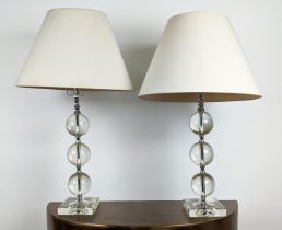 TABLE LAMPS, a pair, glass and polished metal, with shades, 82cm H approx. (2)