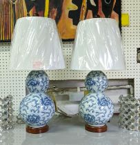 LAUREN RALPH LAUREN HOME TABLE LAMPS, a pair, blue and white ceramic, with shades, 52cm H approx. (