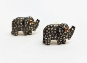 PAIR OF ELEPHANT SHAPED CUFFLINKS, set with rose-cut diamonds and ruby set eyes, gold plated