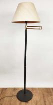 FLOOR LAMP, swing arm action, tubler column and circular base, 144cm H.