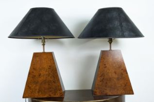 TABLE LAMPS, a pair, burr wood, with faux snake skin shades, 74cm H. (2)