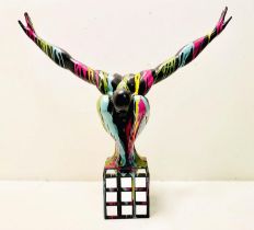 CONTEMPORARY SCULPTURE OF A MALE DIVER, with a multicoloured freeform painted decoration, 81cm high,