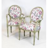 FAUTEUILS, 97cm H x 60cm W, a pair, Louis XVI style, painted with chinoiserie patterned fabric. (2)