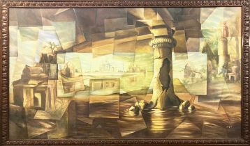 JAYAH BUCKTOWAR, 'Cubist landscape, India', oil on canvas, 120cm x 210cm, signed, inscribed verso,