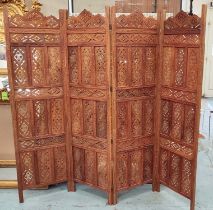 FLOOR SCREEN, four fold, Indian pierced hardwood, each panel 183cm H x 50cm W.