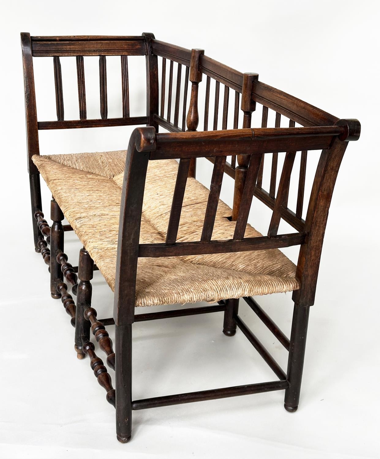 HALL BENCH, 19th century English fruitwood with slatted back, rush seat and turned stretchers, 145cm - Image 13 of 16