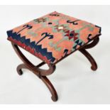 HEARTH STOOL, Regency rosewood with tribal Kelim upholstery and carved 'x' frame support, 52cm x