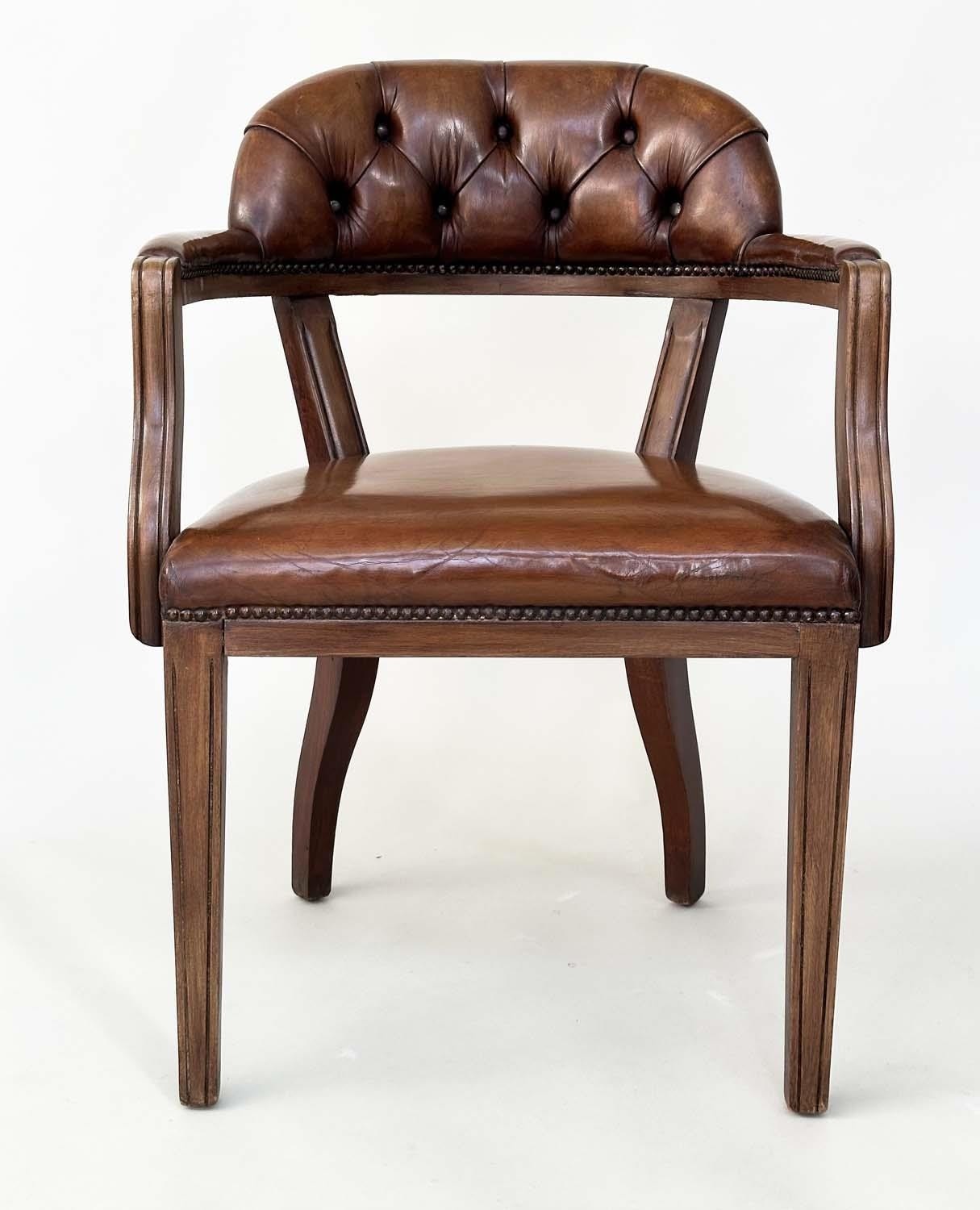 LIBRARY ARMCHAIRS, a pair, Georgian design antique studded and buttoned soft tan brown leather - Image 4 of 8