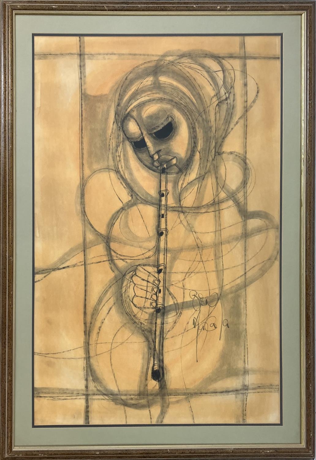 BENJAMIN MZIMKULU MACALA (1937-1997), 'Figure with Flute', charcoal 99cm x 62cm, signed, framed.