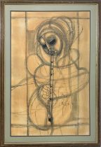 BENJAMIN MZIMKULU MACALA (1937-1997), 'Figure with Flute', charcoal 99cm x 62cm, signed, framed.