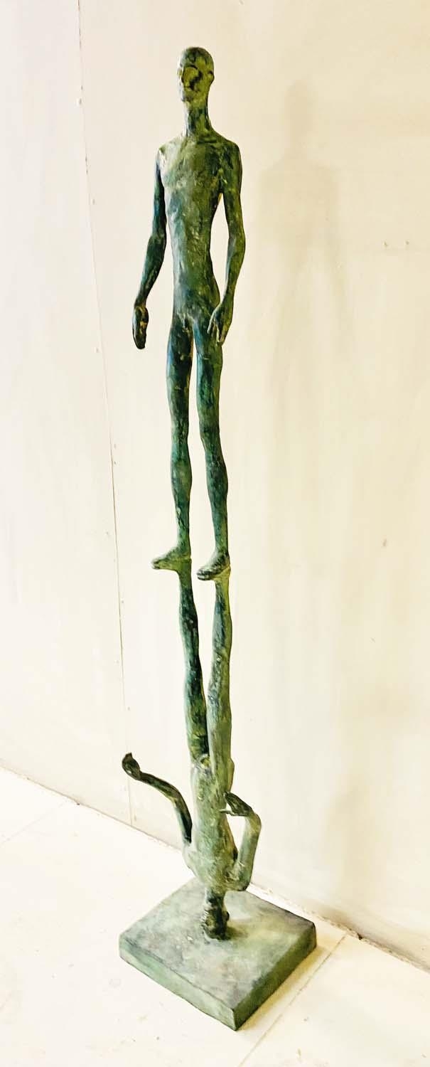 CONTEMPORARY SCHOOL SCULPTURE, 'Reflection' bronze with verdigris finish in Giacometti style,
