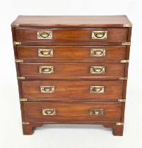 CAMPAIGN STYLE HALL CHEST, mahogany and brass bound with five long drawers and carrying handles,