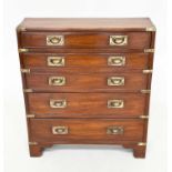 CAMPAIGN STYLE HALL CHEST, mahogany and brass bound with five long drawers and carrying handles,