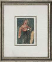 JULIAN DYSON (1936-2003), 'Figure with knife', watercolour on printed page, 18cm x 12cm, framed.