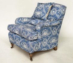 PIERRE FREY ARMCHAIR, Howard style, rounded arms, feather cushion and turned front supports, with