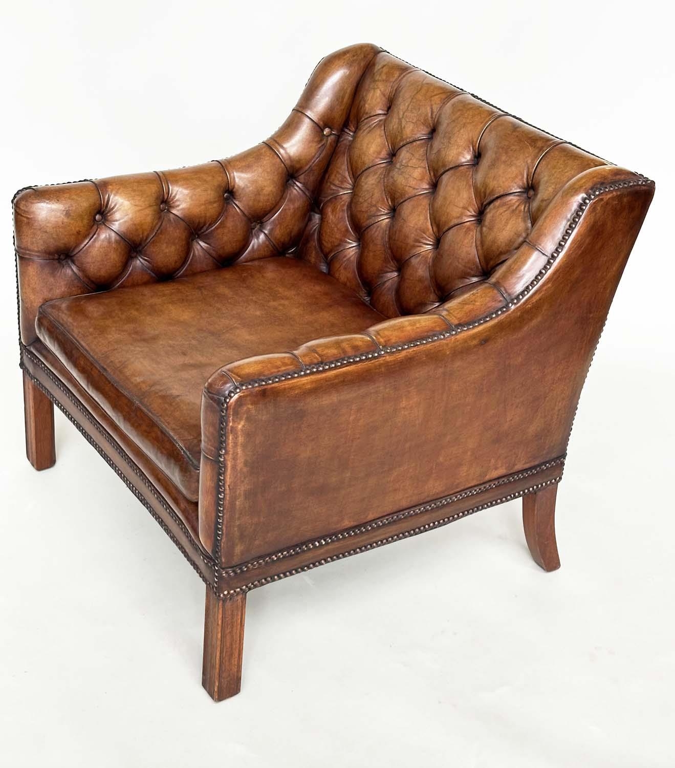 LIBRARY ARMCHAIR, 1970's style antique soft natural close nailed tan brown leather with button - Image 2 of 8