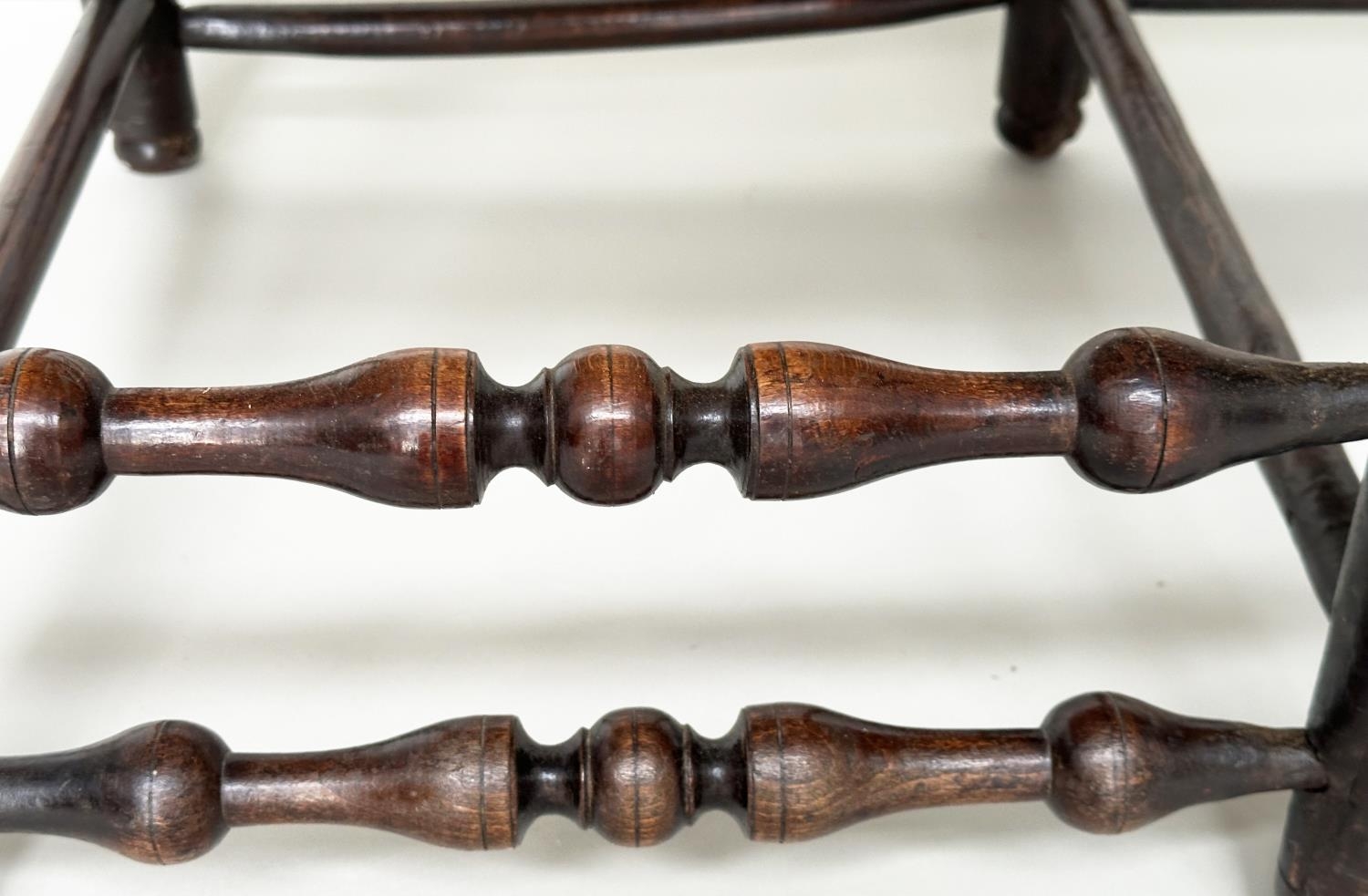 HALL BENCH, 19th century English fruitwood with slatted back, rush seat and turned stretchers, 145cm - Image 6 of 16