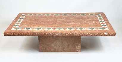 TRAVERTINE LOW TABLE, 1970s Italian inlaid marble on plinth base, 41cm H x 143cm x 80cm.