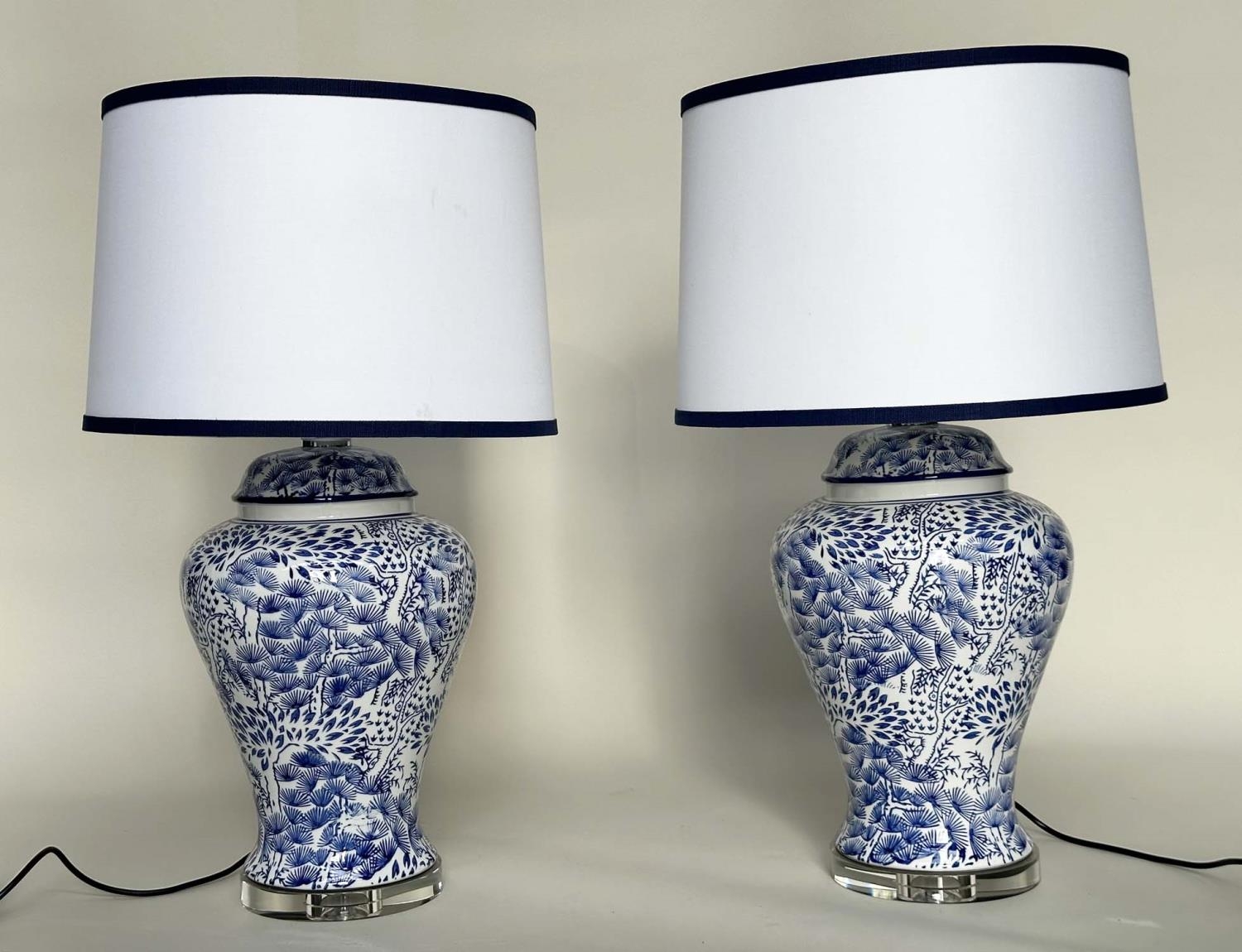 TABLE LAMPS, a pair, Chinese fern blue and white ceramic of lidded vase form with lucite bases and - Image 3 of 7