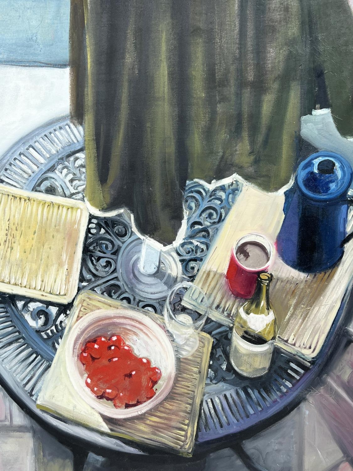 DAVE MERRILLS RCA (20th century British), 'Still life with bowl of cherries', oil on canvas, 115cm x - Image 3 of 3