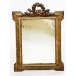 WALL MIRROR, 19th century French giltwood and gesso moulded, rectangular beaded frame, early/