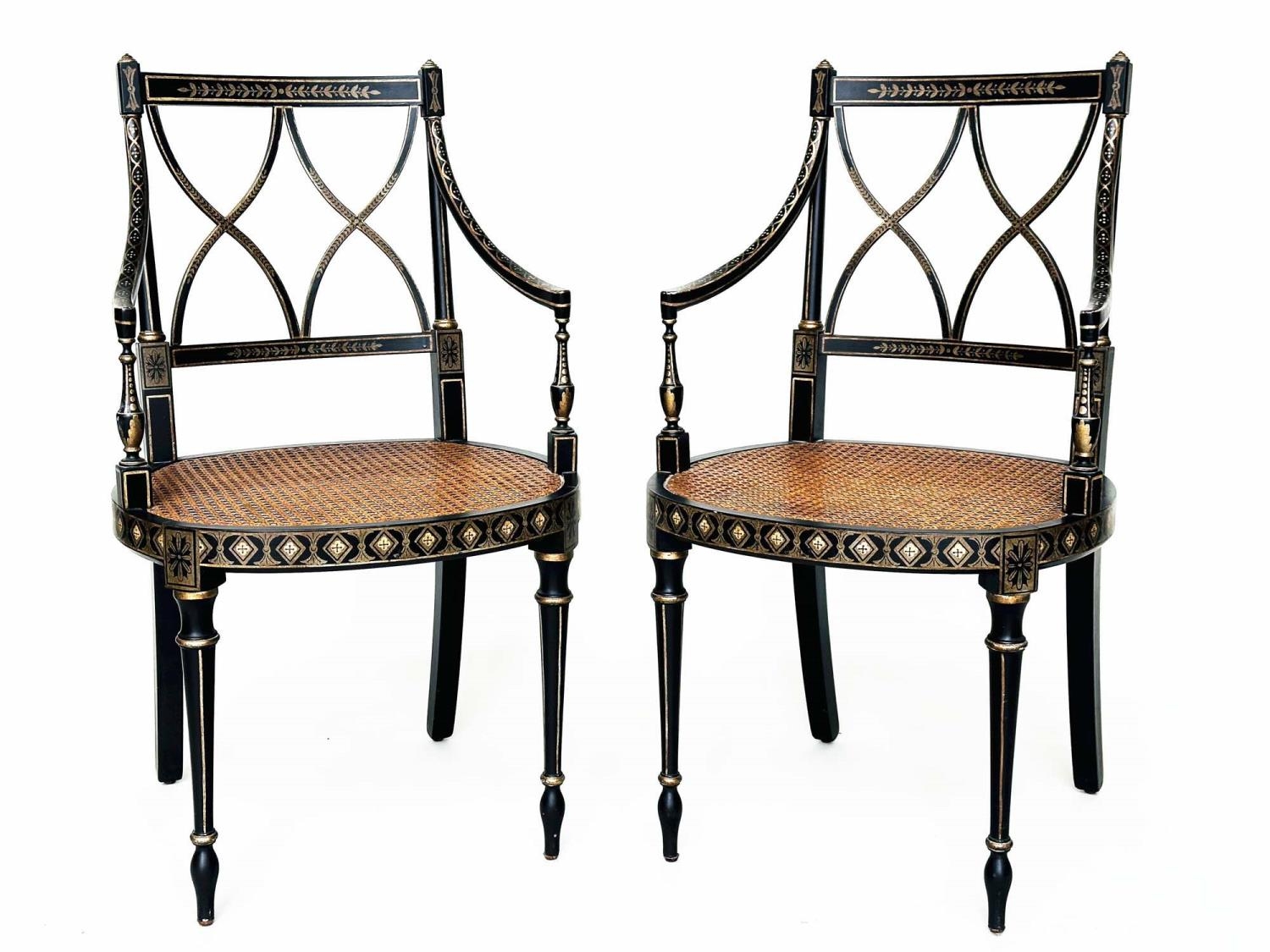 ARMCHAIRS, a pair, Regency style black lacquered and gilt painted with lattice backs and cane seats, - Image 4 of 15