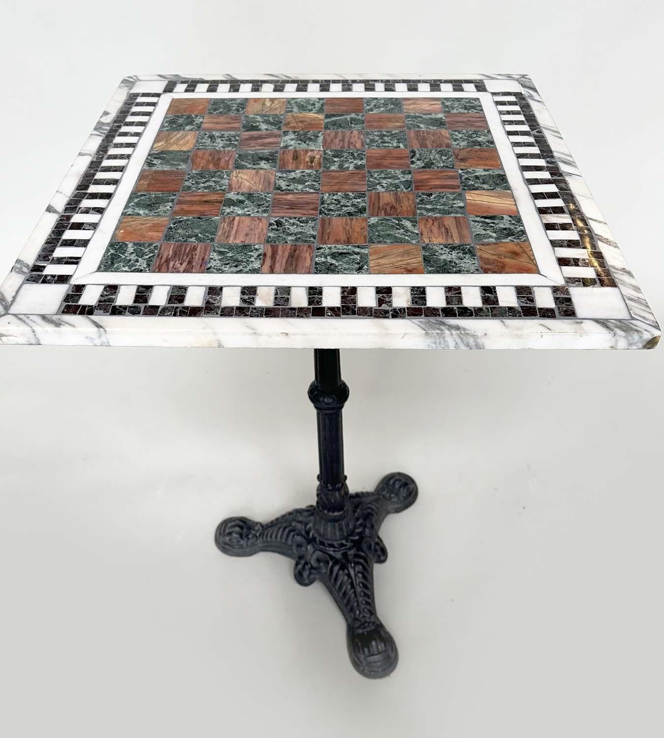 MARBLE TABLE, square games inset top on cast iron triform base, 56cmx 56cm x 73cm H. - Image 5 of 8