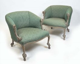 MANNER OF A.M.E. FOURNIER BERGERES, a pair, rope twist beech framed with geometric upholstery,