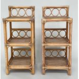 SIDE TABLES, a pair, rattan framed, wicker panelled and cane bound each with three tiers, 34cm x