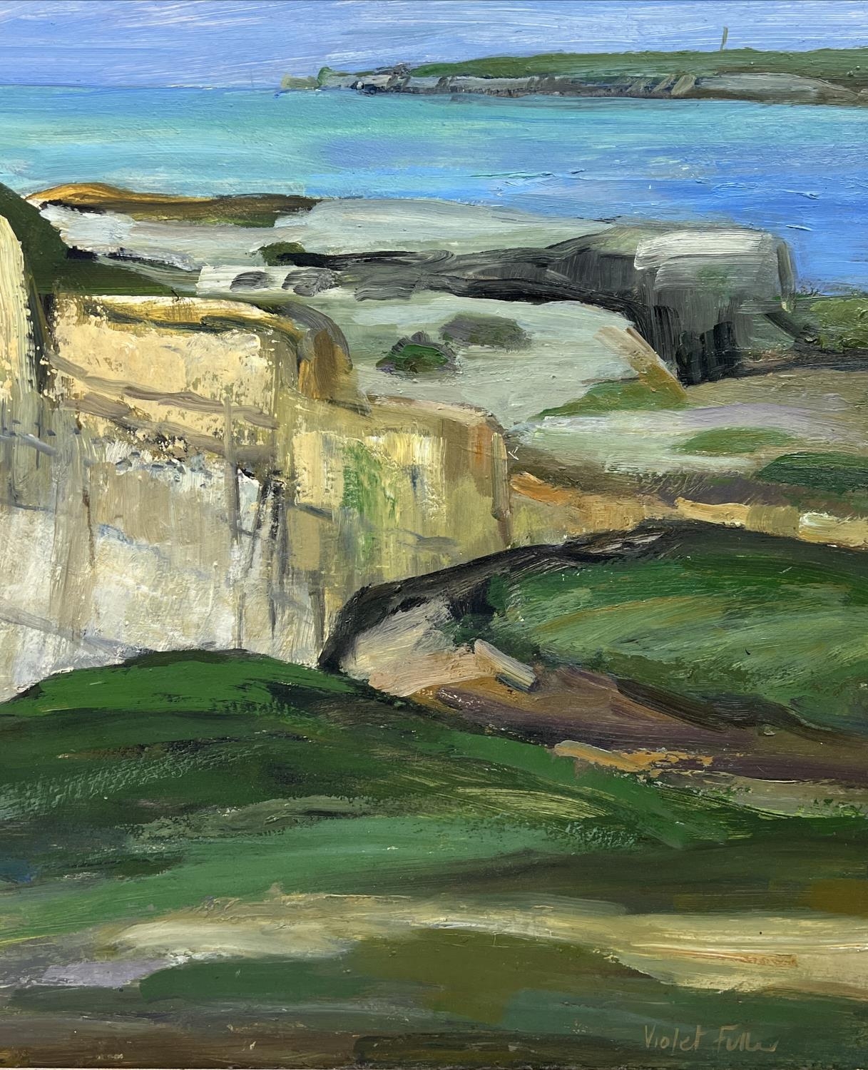 VIOLET FULLER (1920-2008), 'White cliffs, Seaford Head', oil on canvas, 51cm x 90cm, signed, label - Image 3 of 3