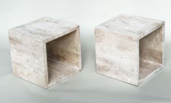 TRAVERTINE CUBE LAMP TABLES, a pair, square form, 38cm x 38cm x 38cm. (2)