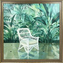 ANDREW HEWKIN (British b.1949), 'Ordering Camparis in Capri', oil on canvas, 137cm x 137cm, framed.