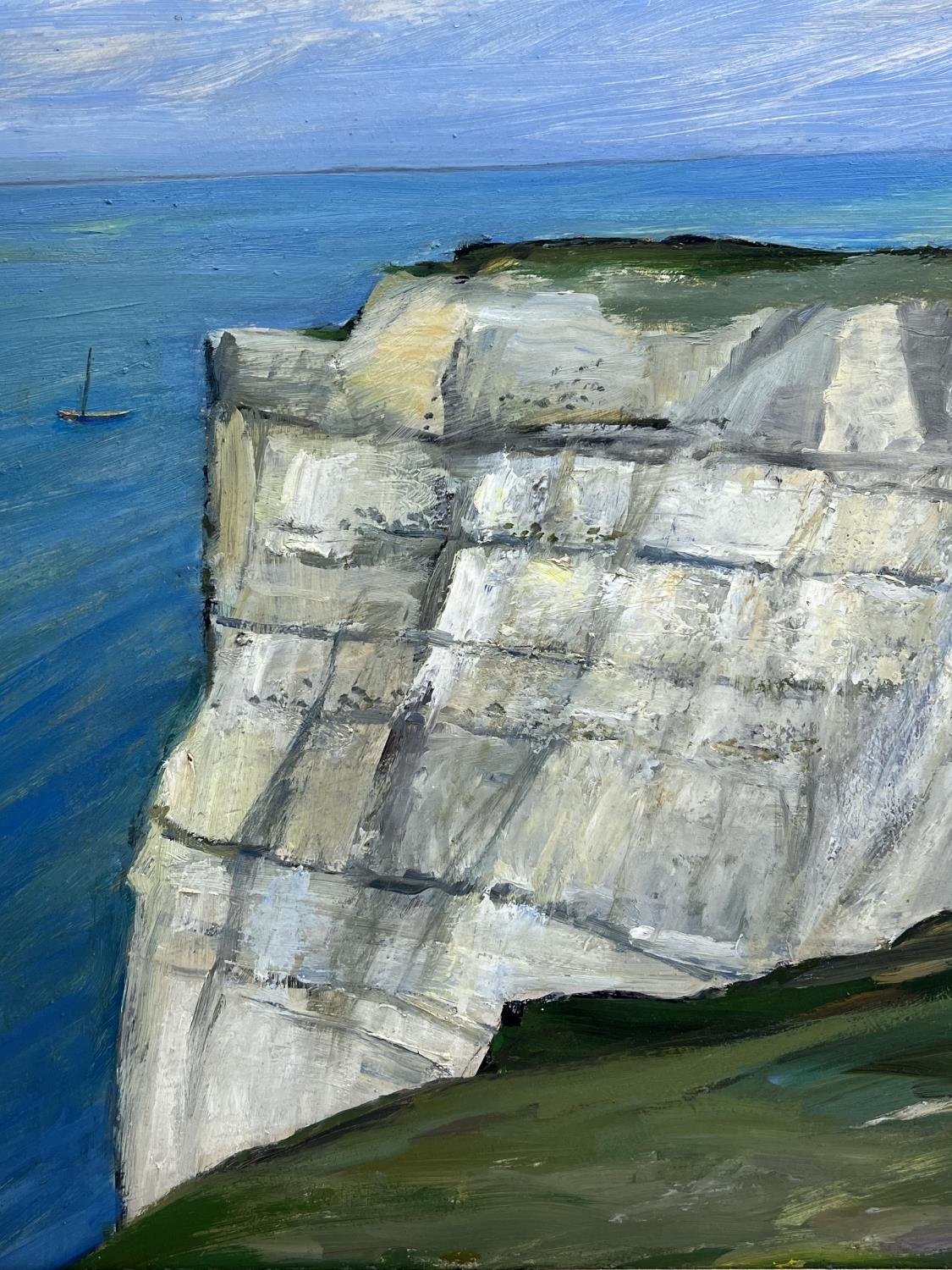 VIOLET FULLER (1920-2008), 'White cliffs, Seaford Head', oil on canvas, 51cm x 90cm, signed, label - Image 2 of 3