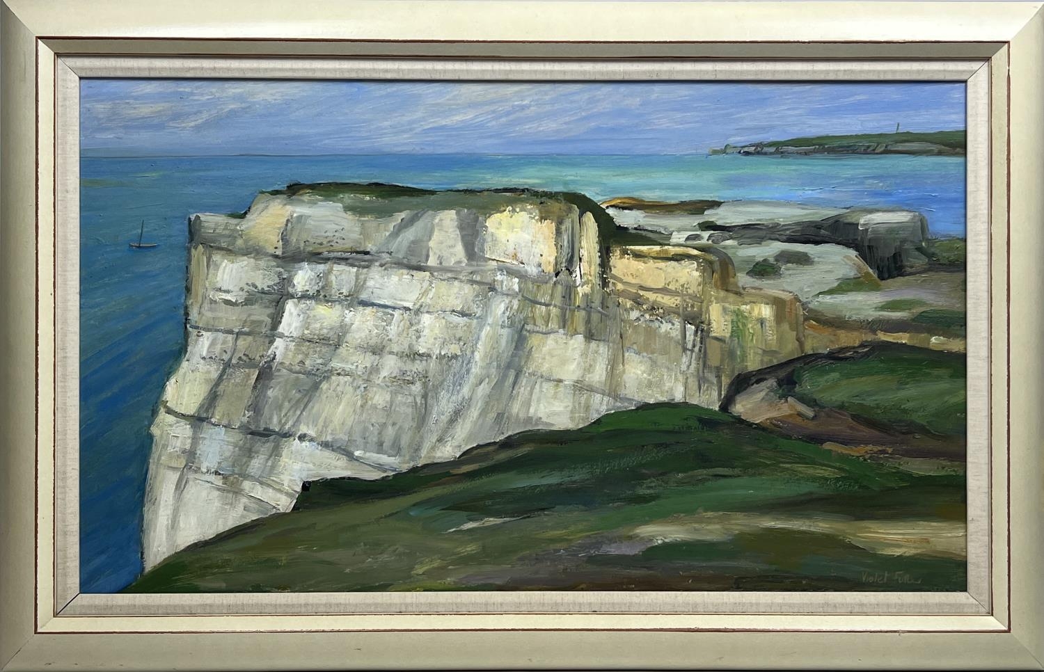 VIOLET FULLER (1920-2008), 'White cliffs, Seaford Head', oil on canvas, 51cm x 90cm, signed, label