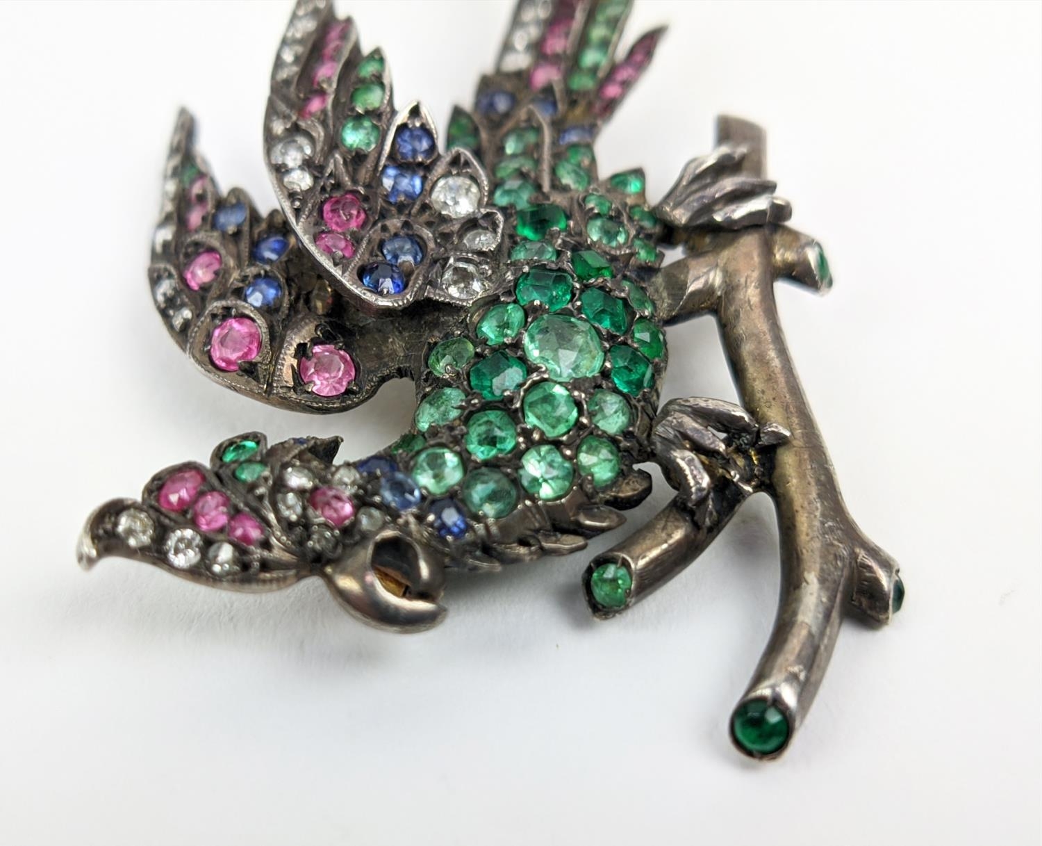 FIGURAL MULTI GEMSTONE SET BROOCH, in the form of an exotic bird on a branch, early 20th Century, - Image 3 of 6